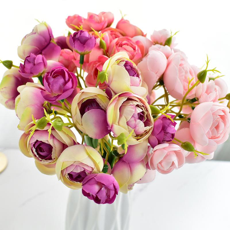 Bouquet Artificial Peony Tea Rose Flowers With Pot Silk Fake Flores Wedding Flower DIY Home Garden Decoration Plants Decorative & Wreaths