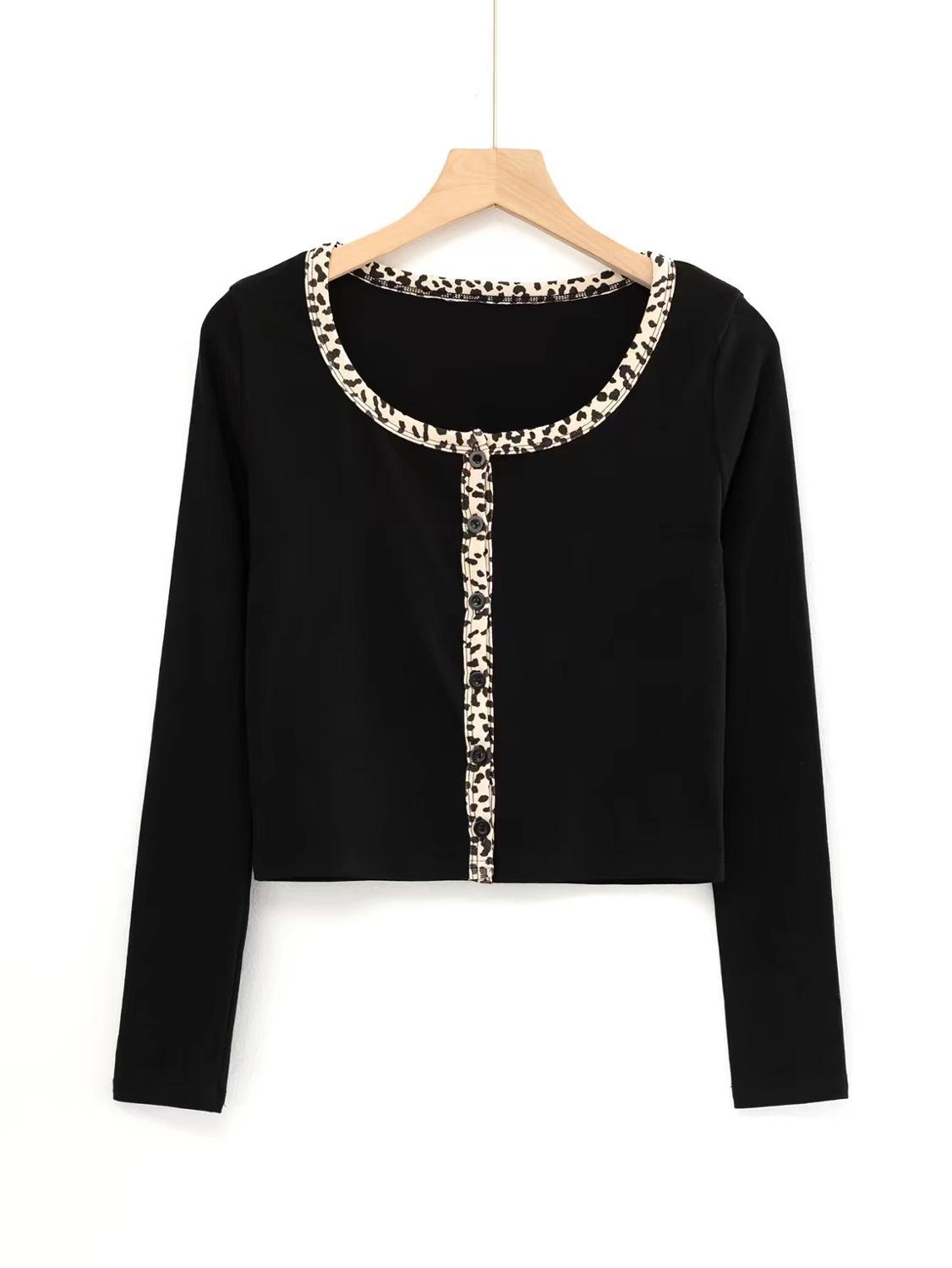 3 colors Stylish Leopard Patchwork Cropped Long Sleeve T-shirt Crop Top Chic Woman Slim Fit t shirt Basic tee 210429