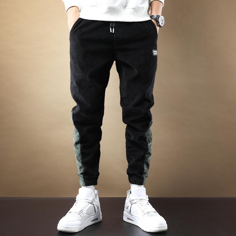 Corduroy Pants Men Fashion Patchwork Loose Joggers Black Elastic Waist Drawstring Trousers Men's
