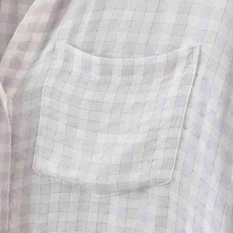 Casual Plaid Blouse Women Loose Long Sleeve Back Split Tunic Tops Turn Down Collar Ladies Office Shirt With Pockets 210515