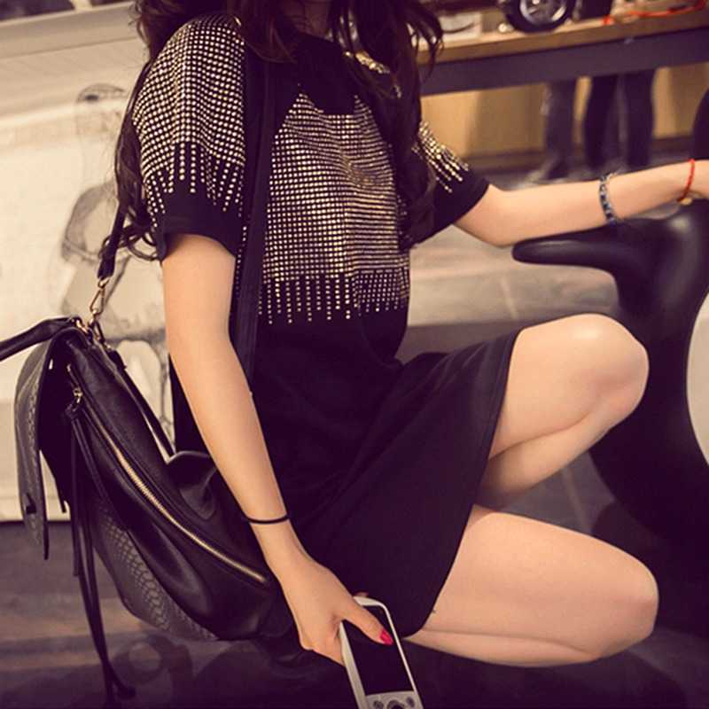Women Summer Dresses Fashion Casual Short Sleeve Vestidos Sexy Rivet Diamonds Dress Shirt Loose Black Dress Plus Size XXXL 210630