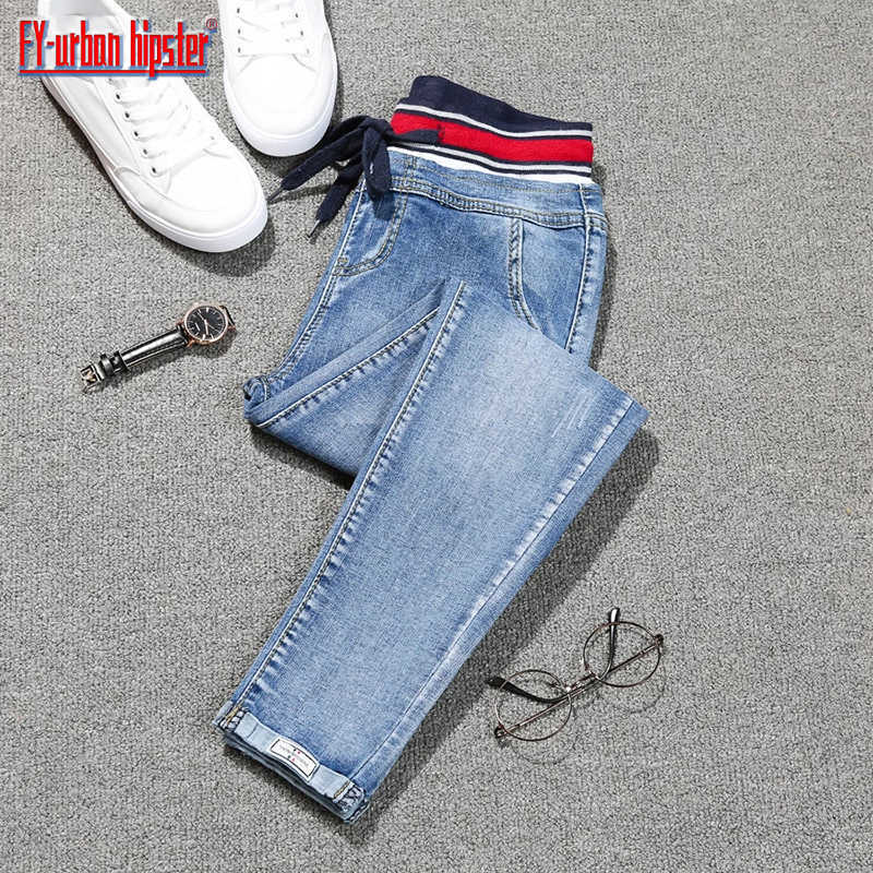 Plus size 5XL Lace up Stretch jeans woman patch cuff denim harem pants elastic Fashion women High waist pencil mujer 210922