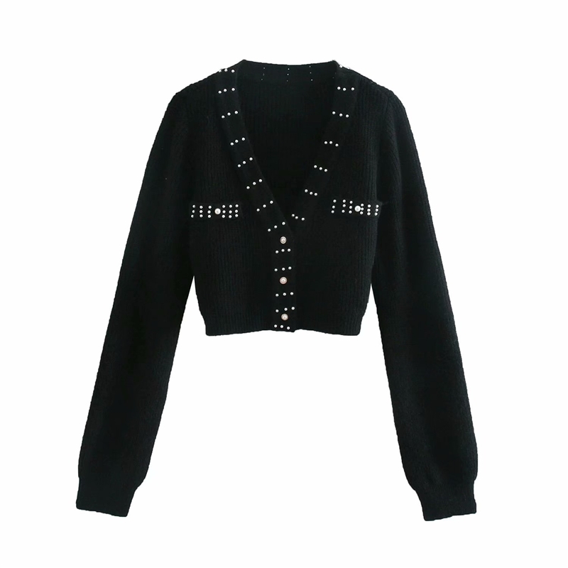 Elegant Women Pearl Sweater Coats Fashion Ladies V-Neck Knitted Tops Sweet Female Chic Solid Short Cardigans 210430