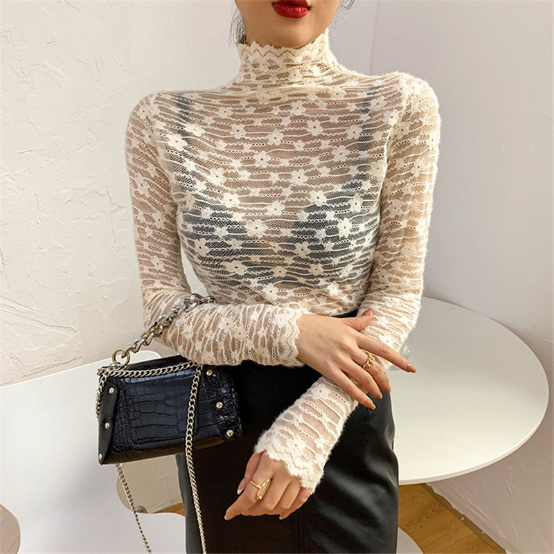 Chic Basic Slim High Quality All Match Lace Sexy Turtleneck Solid Female Women Autumn Tops Full Sleeves T-shirt 210421