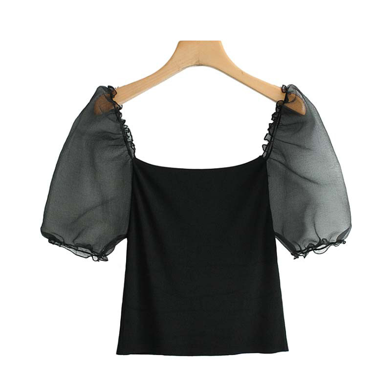 Chic Patchwork Stretchy Short Blouses Women Stylish Square Collar Mesh Puff Sleeve Ladies Shirts Casual Blusa Mujer 210520