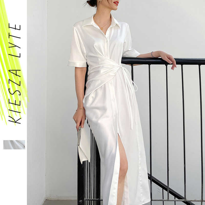 White Shirt Dress Bind Waist Summer French Fashion High-grade Satin Short Sleeve Midi Dresses 210608
White Shirt Dress Bind Waist Summer French Fashion High-grade Satin Short Sleeve Midi Dresses 210608