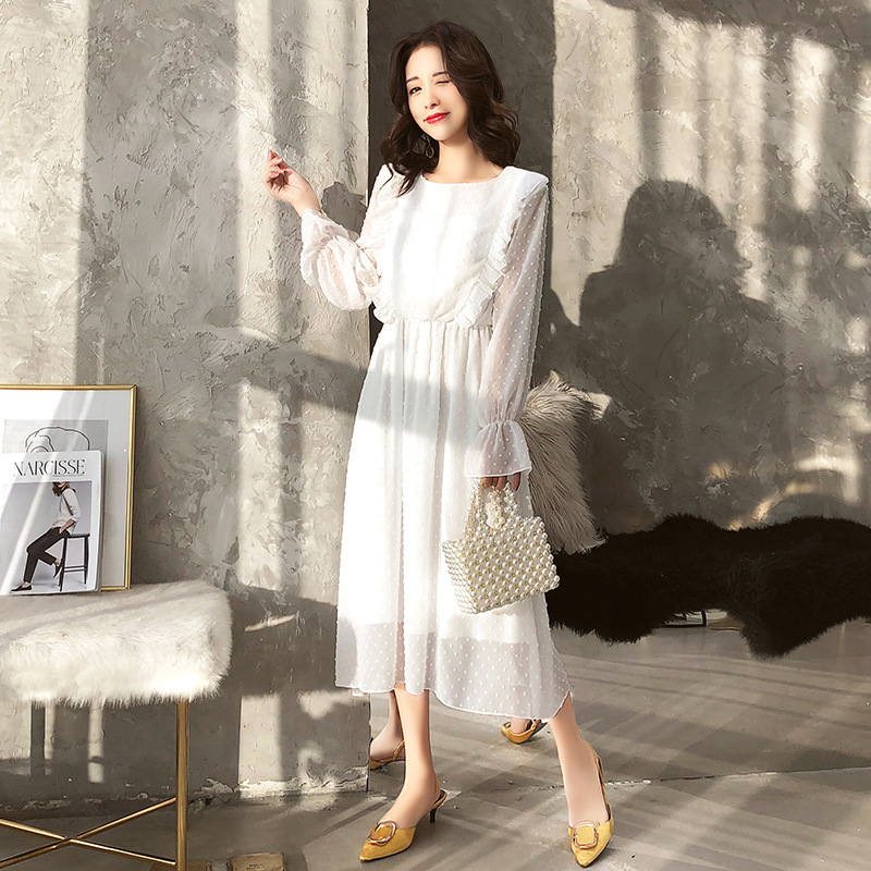 Ruffles Polka Dot Women Chiffon Dress Elastic Waist Flare Sleeve Female Long Vestidos A-line White Dress 210419