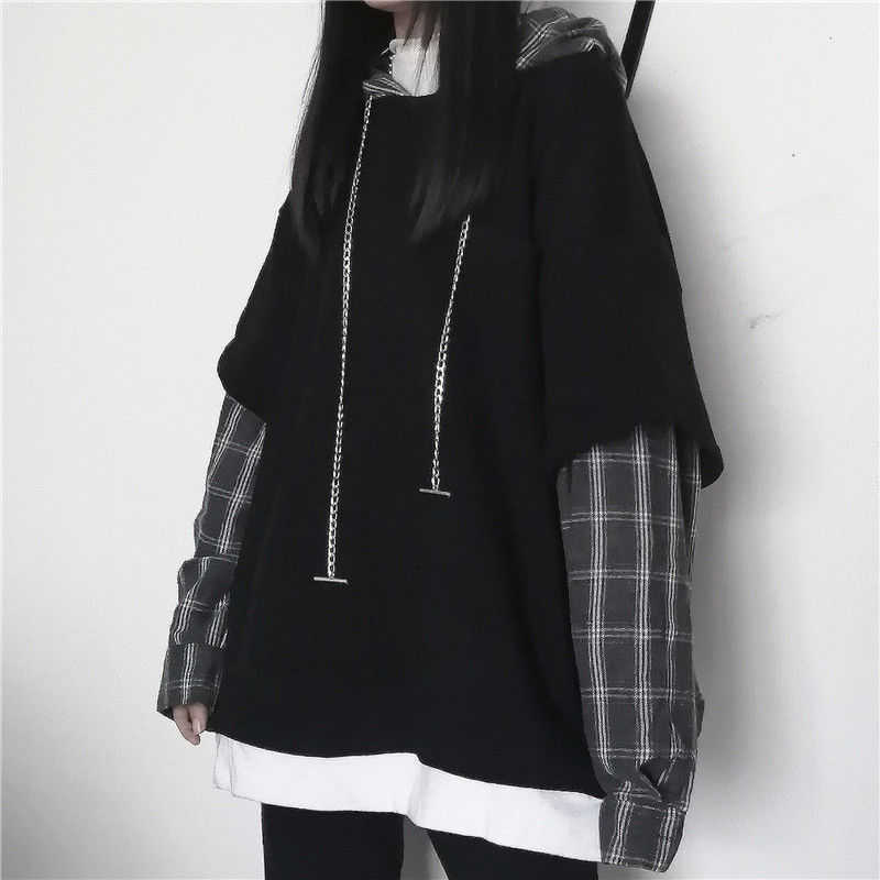 Deeptown Striped Sweatshirt for Women Black Gothic Style Hoodie Patchwork Grunge Long Sleeve Plaid Pullovers Korean Fashion 210910