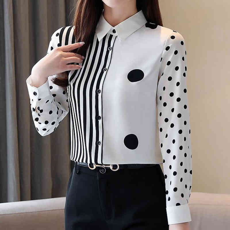 Chiffon Spring Fashion Ladies Tops Women Shirts Blouses Long Sleeve Wave Point Stripes Splice Cardigan Clothing 210510