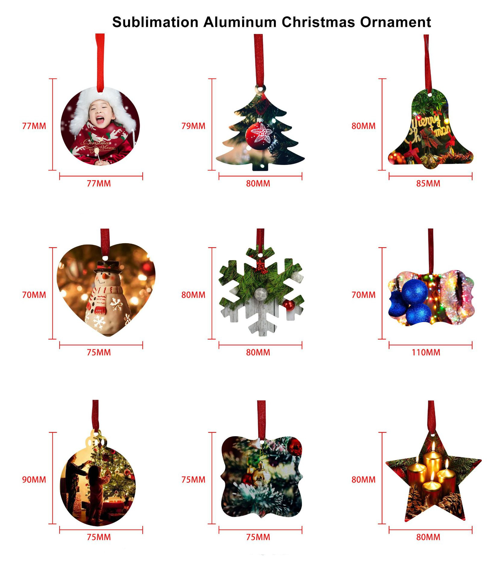 Sublimation metal Christmas Ornament Aluminum Decorations tree Pendant Accessories indoor Ornaments Mixed Styles Double-sided printable with red rope
Sublimation metal Christmas Ornament Aluminum Decorations tree Pendant Accessories indoor Ornaments Mixed Styles Double-sided printable with red rope