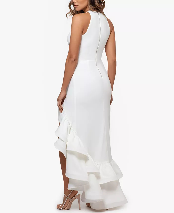 Sexy High Split Tiered Ruffles Scuba Prom Dresses For Women Sleeveless Long Satin Evening Gowns White Simple Special Occasion Wear 2022