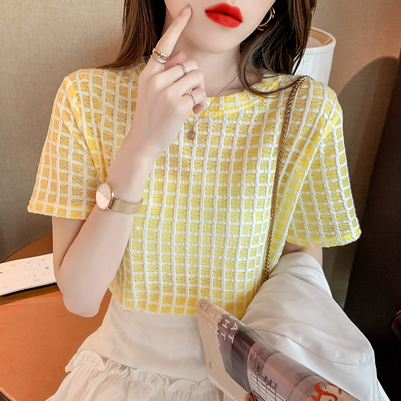 MATAKAWA Summer Korean Fashion Woman Tshirts Plaid Short-sleeved T-shirt Female Wild Loose Round Neck T-shirt Top 210513