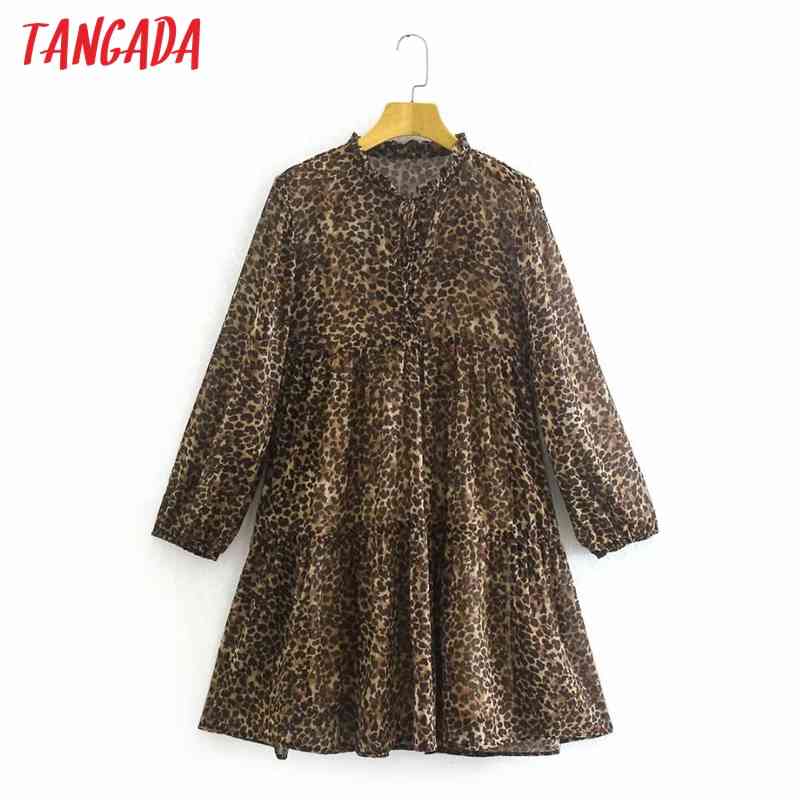 Women Leopard Animal Chiffon Long Sleeve Ladies Vintage Mini Dress Vestidos XN303 210416