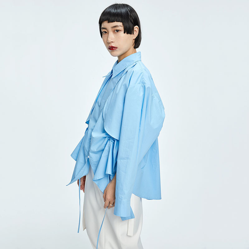 [EAM] Women Blue Big Size Strap Irregular Blouse Lapel Long Sleeve Loose Fit Shirt Fashion Spring Autumn 1DD7304 21512