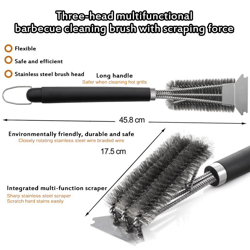 1PC Grill Cleaning Brush BBQ Tool Grill Brush 3 Stainless Steel Brushes In 1 Cleanin BBQ Accessories Best Cleaner Barbecue