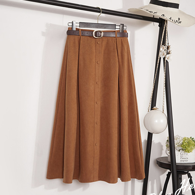 Tom Hagem Autumn Winter Suede Velvet Women Plus Size Skirt Female Midi Long Elegant Empire A-line Pleated 210428