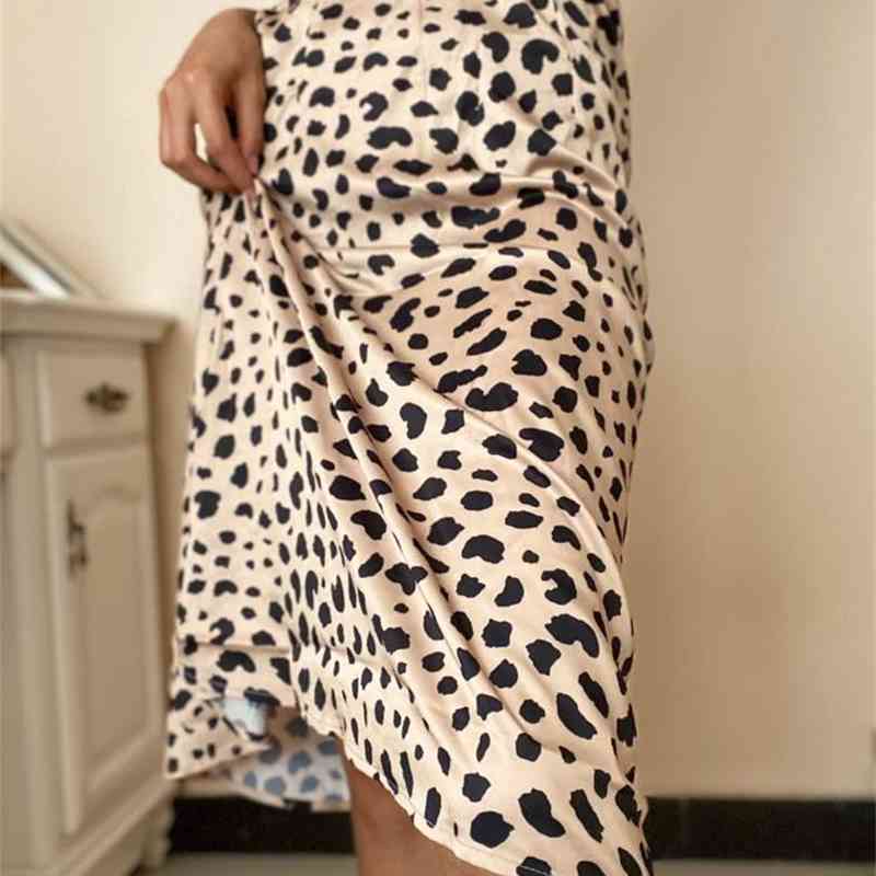 Retro High Waist Leopard Print Satin Skirt like Silk Summer Women Elastic Mid Long A-line Skirts Femme 210619