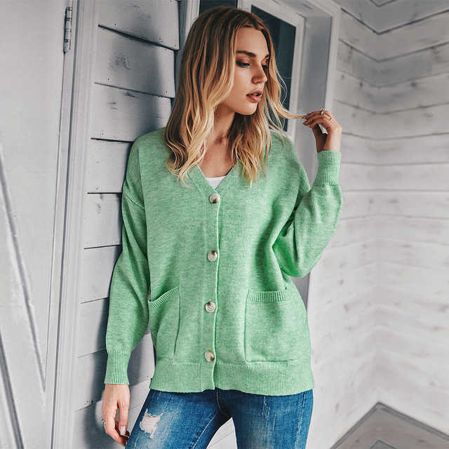 Fashion V-neck Casual Cardigans Autumn Winter Single Breasted Cardigan Women Full Sleeve Pocket Knitted Sweater Tops 210604