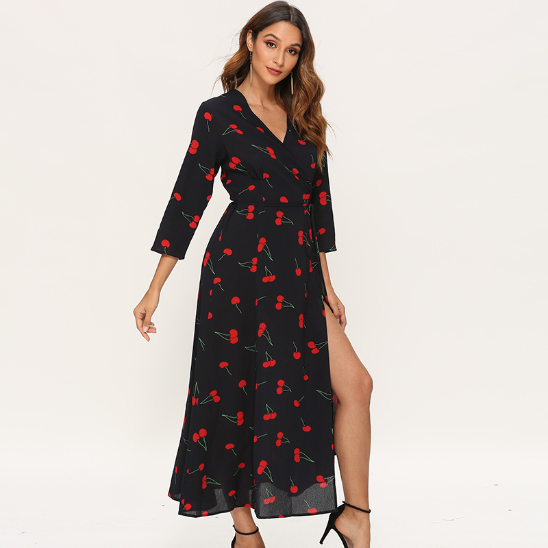 Elegant Dresses Women Three Quarter Sleeve Cherry Print Long Boho High Split V Neck Sexy Casual Maxi Vestidos Largos 210515