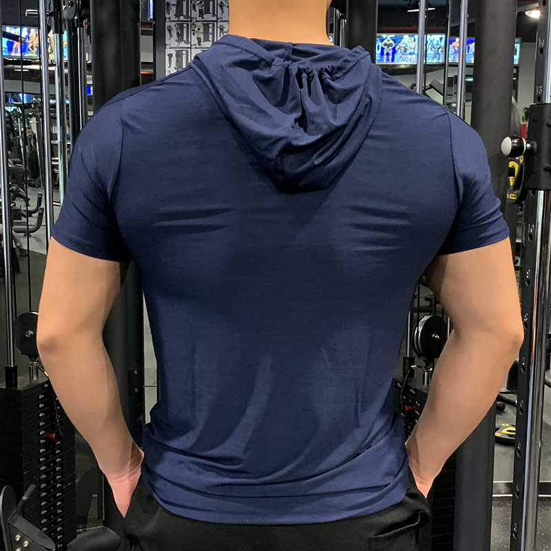 GYM Sport Hooded Running T shirt Fitness Slim High Elasticity Breathable Quick Dry Bodybuilding Mens Tshirt Men Tee Tops