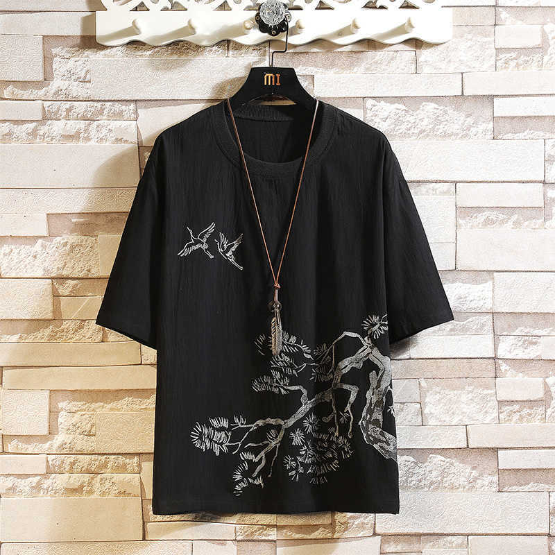 Short Sleeve Linen T Shirt Men'S Summer White Black Tshirt Top Tees Chinese Fashion Clothes OverSize 4XL 5XL O NECK 210629