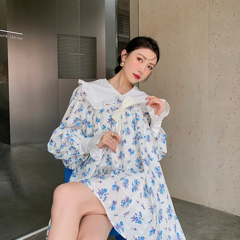Women Printed floral dress Bow Long Sleeve Peter Pan Collar Dresses Large Size Lady Fashion Summer 2HJ127 210526