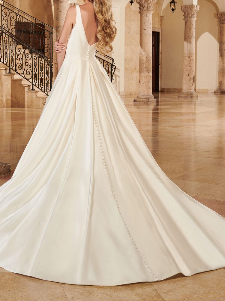 Ivory Satin Wedding Dress Sheer neckline Sweep Train Bridal Gowns with Side Pockets