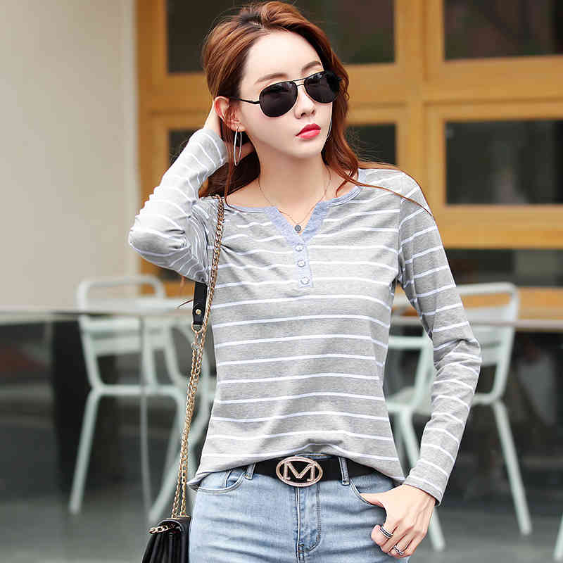 Women Long Sleeve Cotton T-Shirt Striped T Shirt Spring Autumn Female Clothing Fashion Top Tee Lady V-neck Plus Size 7215 50 210518
