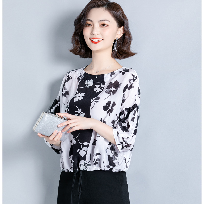 Korean Silk Shirt Women Summer Print Plus Size Office Lady Tops Blusas Mujer De Moda High Quality Blouses Femme 10159 210506