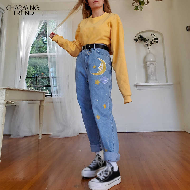 Straight Women's Cute Jeans Baggy Vintage High Waist Moon Star Pattern Young Girls Denim Pants Streetwear Female Long Jeans 210702