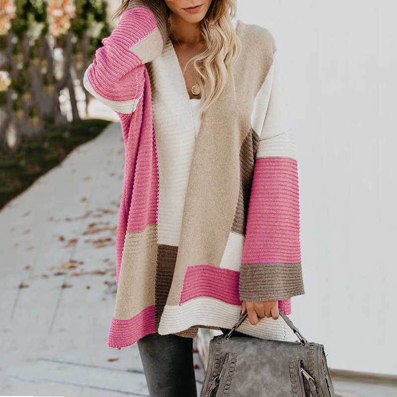 Women Patchwork Long Cardigan Loose Winter Sweater Autumn Knitted Sweaters Colorblock Mujer Jumper Cardigans 210604
