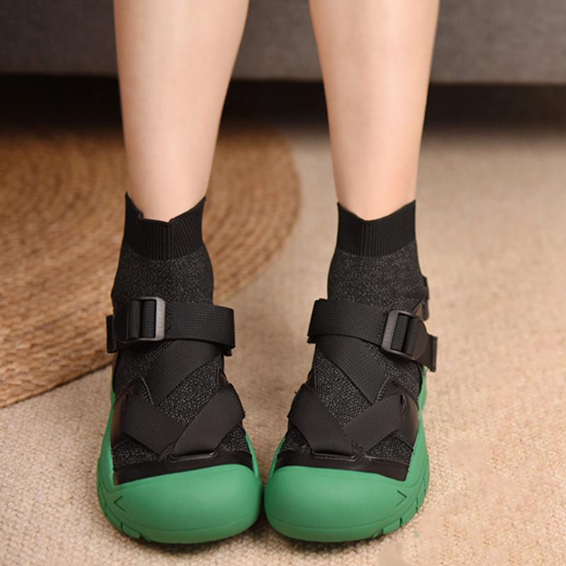 Boots Artmu Women Sock 2021 Autumn Mid-Calf Elastic Fabric Short Strap Buckle Shoes Ladies