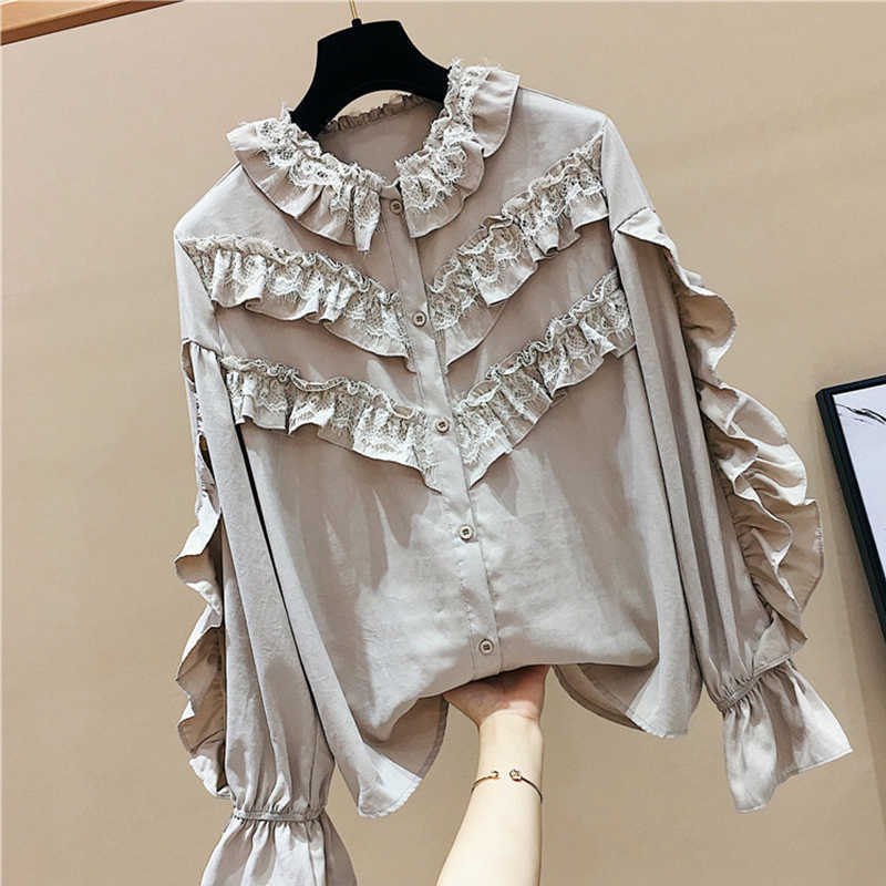Lace Ruffles Patchwork Loose Solid Flare Sleeve Shirts Spring Top Blouse Women 210615