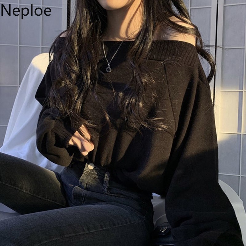 Neploe Temperament Slash Neck Sweaters for Women Korean Knitted Cropped Pullovers Sexy Off Shoulder Jumper Tops Female 4G516 210422