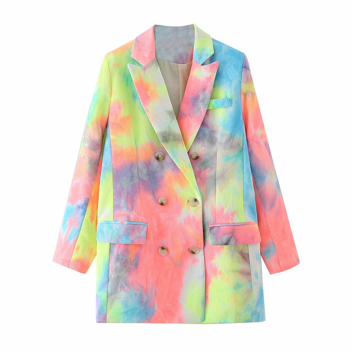JuneLove vintage women tie dye blazers fashion ladies elegant patchwork long blazer jacket casual female chic outwears 210517