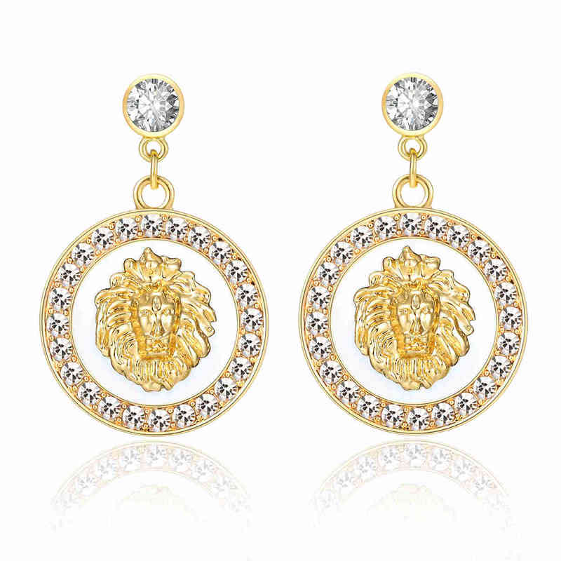 Hip Hop Gold Lion Head Stud Earring Punk Trendy Crystal Colored Enamel Fashion Basketball Wives Cocktail Costume Jewelry 220209