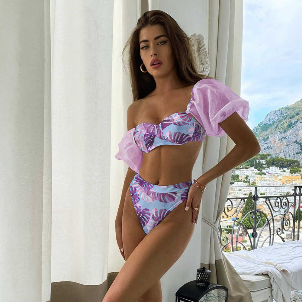 Arrival Bikini Set For Women Brazilian Biquini Bikinis Swimwear Sleeves Print Swimsuit Bathing Suit Beach Wear 210611