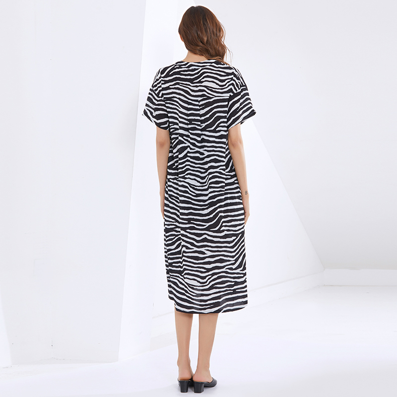 VGH Print Striped Dress For Women V Neck Short Sleeve Casual Loose Midi Korean Dresses Female Fashionable New Clothing Spring 210421