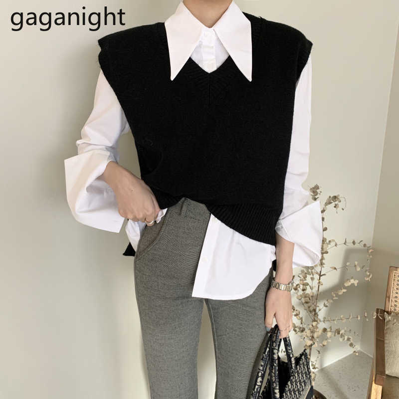 Casual Women Two Pieces Set Long Sleeve Solid Shirt Loose Knitted Vest Office Lady 2 Outfits Spring Suits 210601