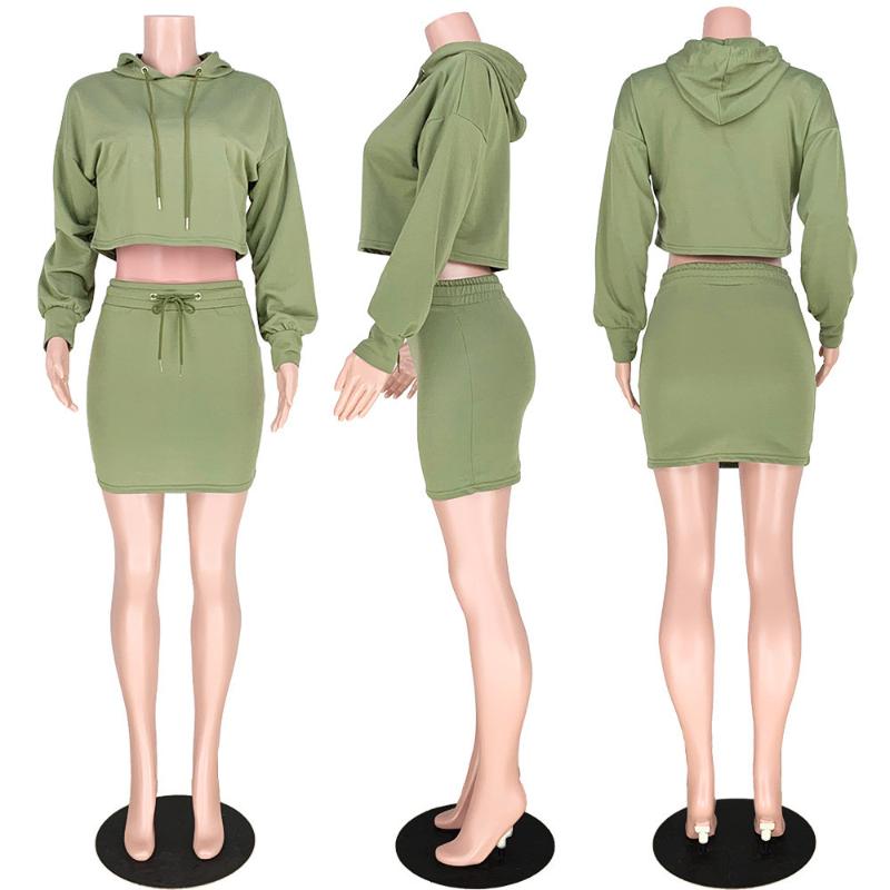 Spring Autumn Two Piece Skirt Set Women Hooded Long Sleeve Sweatshirt Crop Top And Mini Casual Club 2 Outfits Women's Tracksuits
