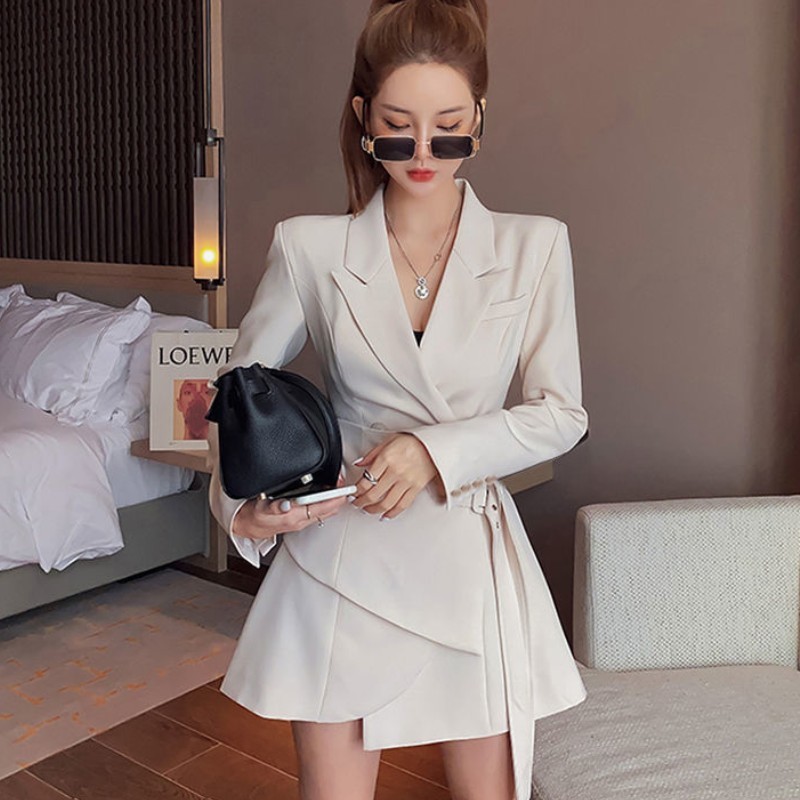 Spring Blazer Women Mini Party Dress Office Lady Elegant Female Korean Sashes Long Sleeve Slim Vestidos 210519
