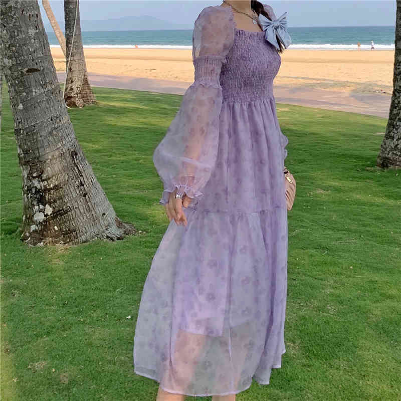 Vintage French Summer Bohemia Beach Dress Elegant Women Purple Long Sleeve Chiffon Casual Fairy Midi Vestidos 210519