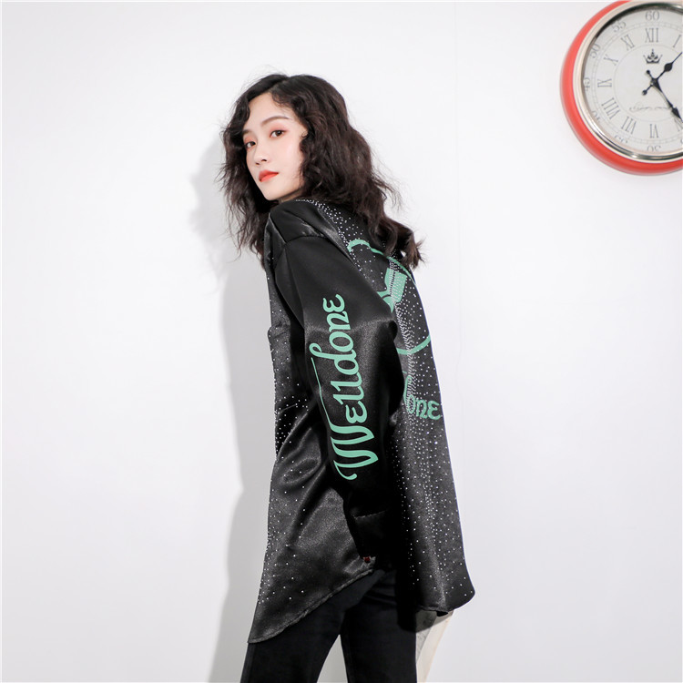 Rhinestone Blouse Women Shirt Letter Print Long Sleeve Button Up Plus Size Tops Fashion Fall Clothes 210427