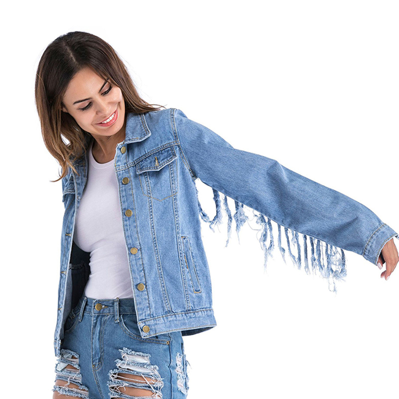 Vintage Stylish Fringe Loose Denim Jacket Coat Women Long Sleeve and Coats for Plus Size Outerwear Jean 210428