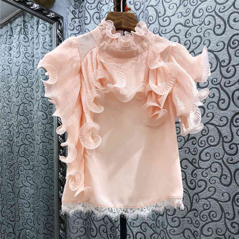 Patchwork Lace Ruffle Shirt For Women Stand Collar Short Sleeve Casual White Blouse Female Fashion Clothing 210524