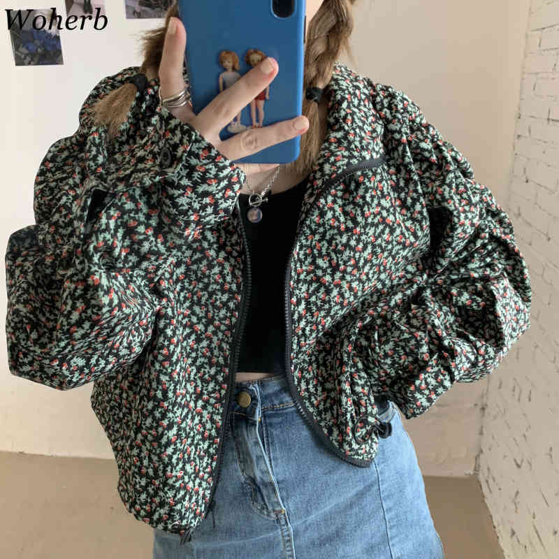 Korean Chic Elegant Floral Print Womens Coats and Jackets Pleated Sleeve Cropped Coat Spring Chamarras De Mujer 210519