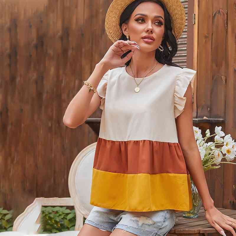 Summer Women Casual Color-block Blouse Shirts V Neck Ruffles Sleeveless Cotton Fashion Female Striped Tops Blusas 210603
Summer Women Casual Color-block Blouse Shirts V Neck Ruffles Sleeveless Cotton Fashion Female Striped Tops Blusas 210603