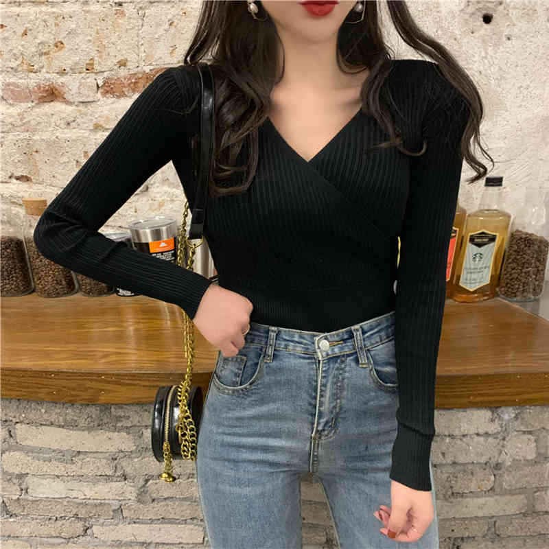Colorfaith New Autumn Winter Women's Sweaters Pullover V-Neck Sexy Cross Minimalist Slim Bottoming Solid Lady Tops SW33561 210413