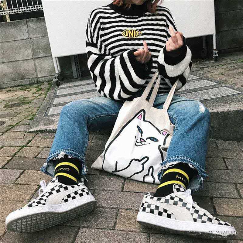 Harajuku Striped Shirt Cotton Pullover Cute High Street Women Sweaters and Pullovers Long Sweater 210714