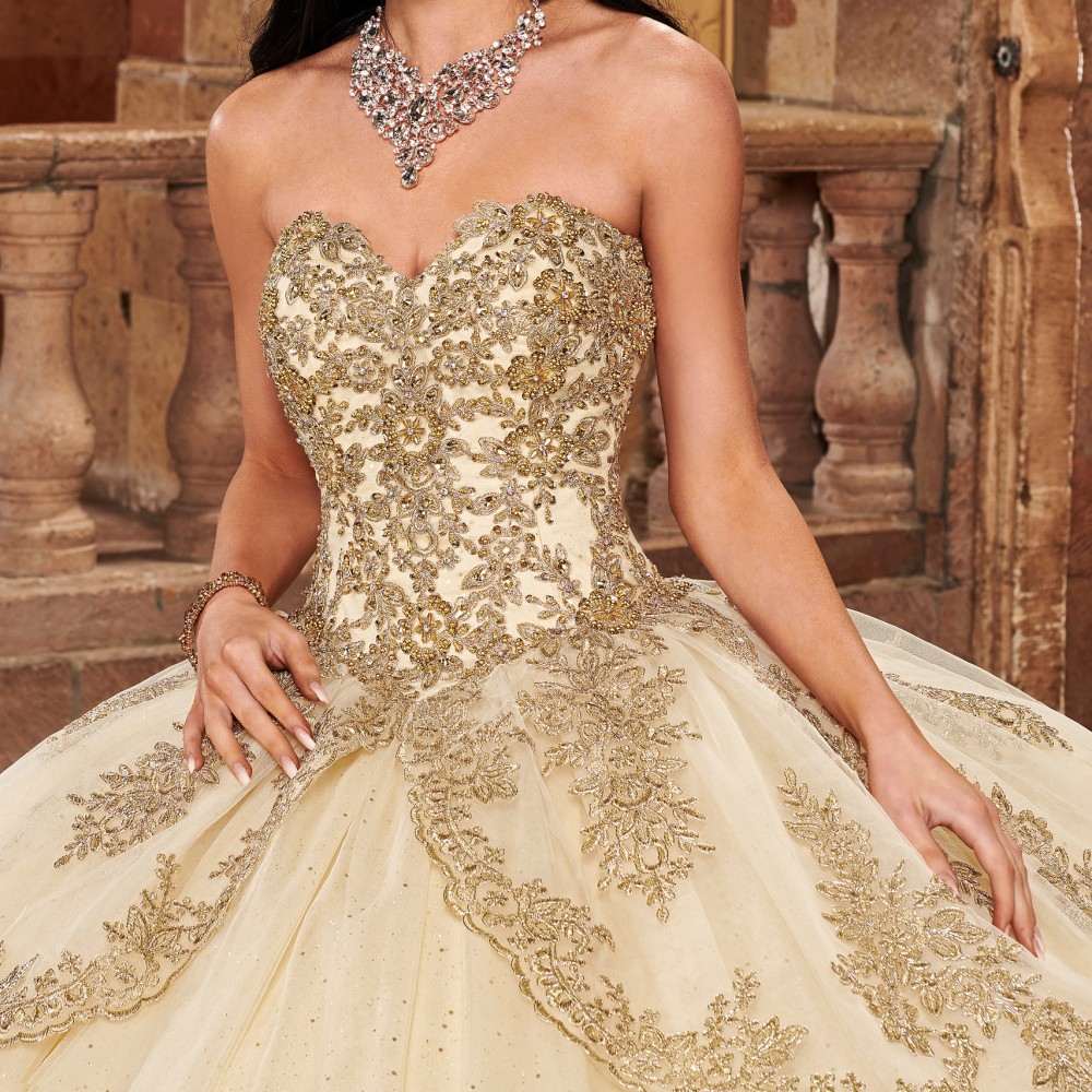 Carmina Quinceanera Dresses In Champagne Gold, Red Color Prom Gowns Floral Applique with Beaded Sequins Classic Tonal Embroidered Tulle